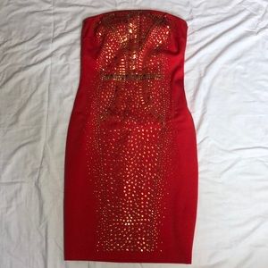 Cache Gold and Silver Studded Red Strapless Dress
